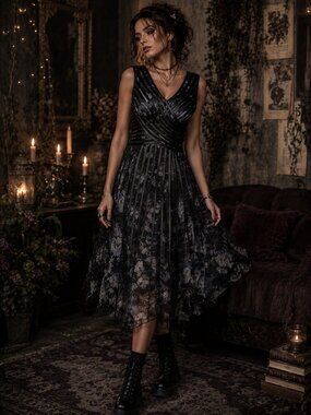 Mgiacy Dark Floral Tulle Midi Dress Size S Whimsigoth Fairy Grunge Dark Romantic